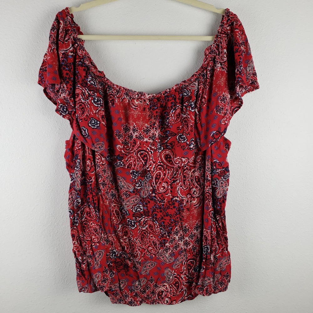 Maurices Women's 4X Smocked Off Shoulder Blouse Red Western Paisley Ruffle Neck